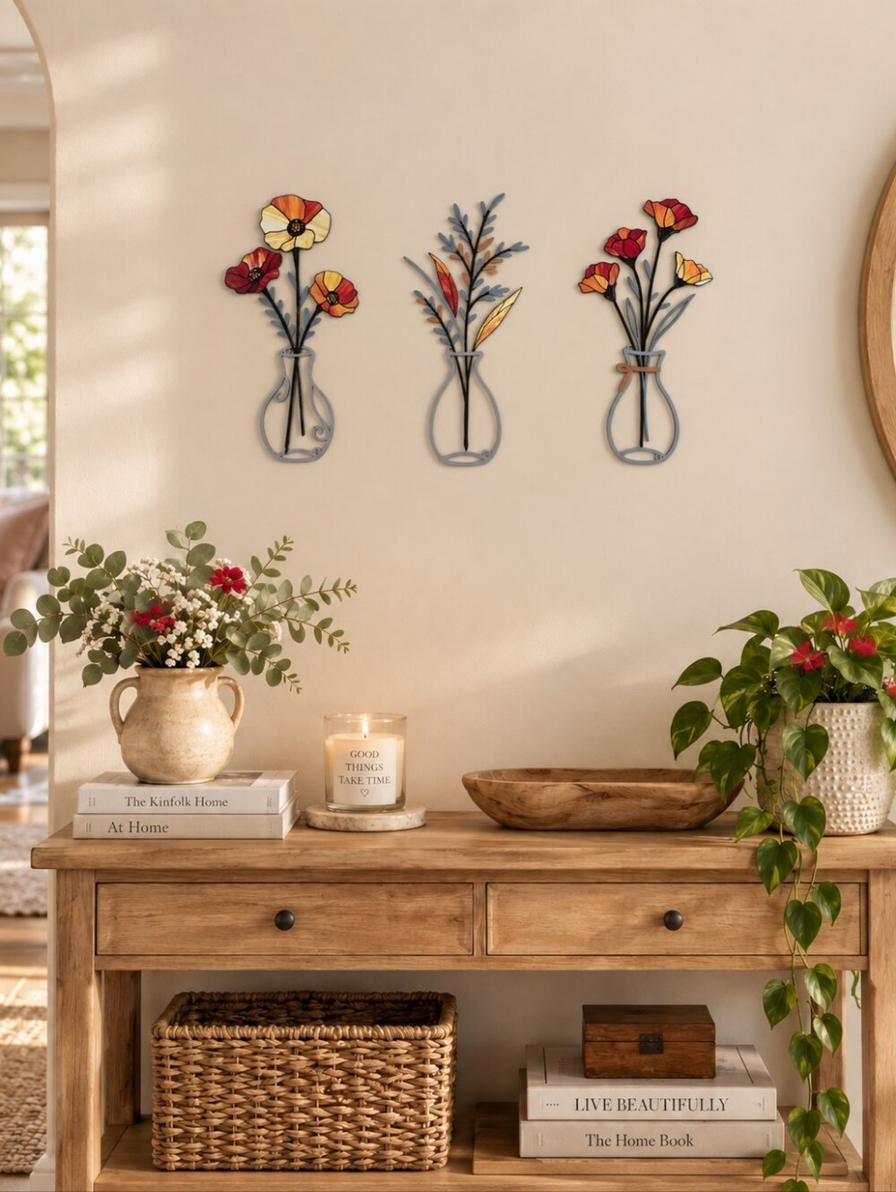 Set of 3 Metal Floral Vase Wall Decor Cutouts 12” Botanical Farmhouse